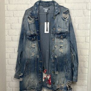 NWT Revamped Distressed Denim Jean Jacket Oversized Size M
